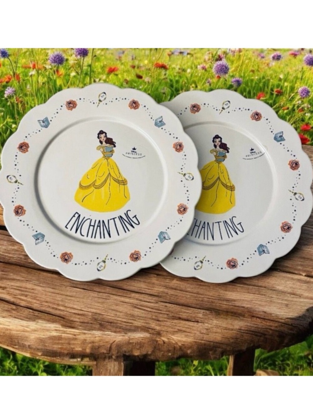 NWT Set Of 2 Rae Dunn Disney 11”Belle Enchanting Scalloped Ceramic Dinner Plates